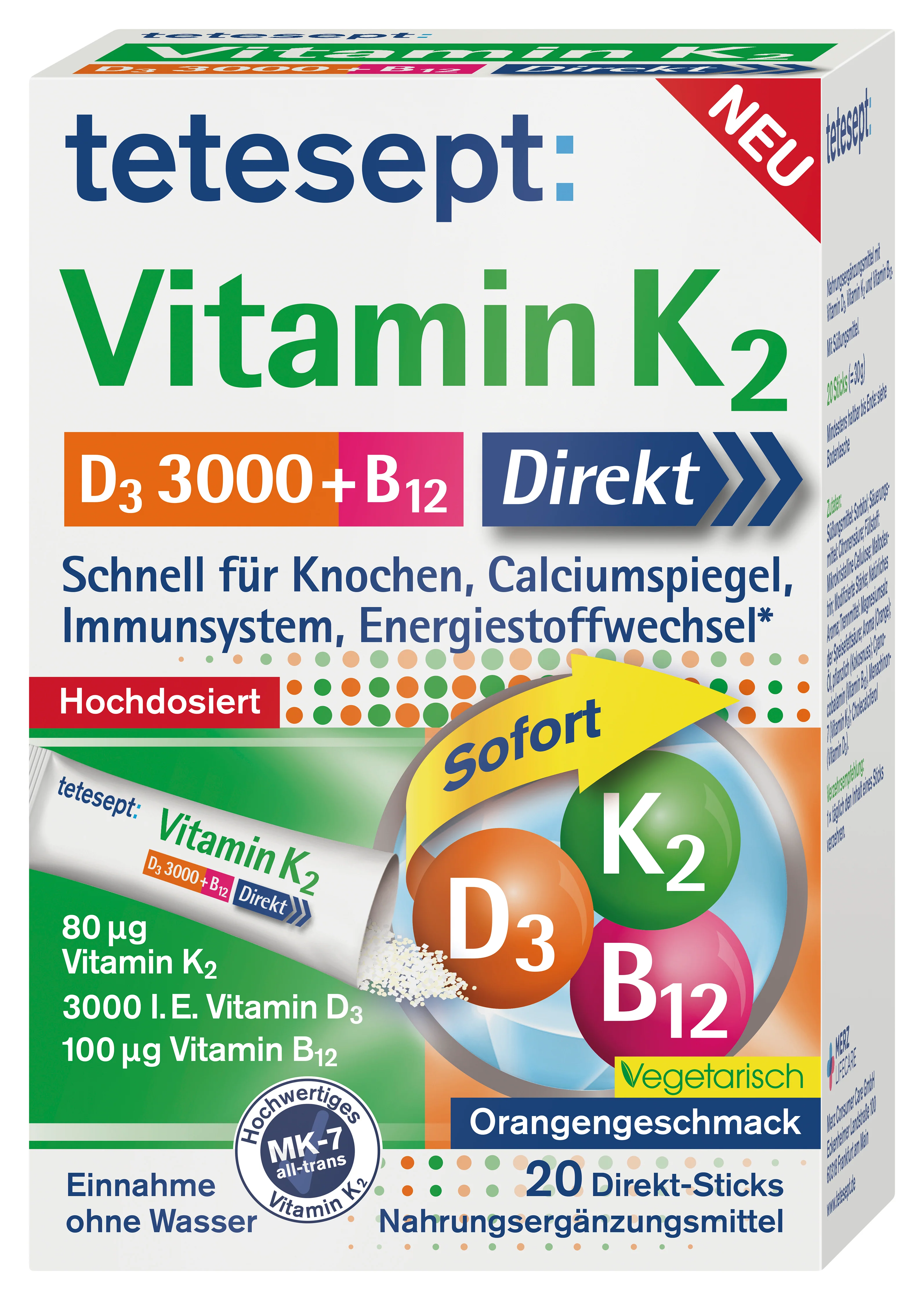 Vitamin K2 + D3 3000 + B12 Direkt Stick